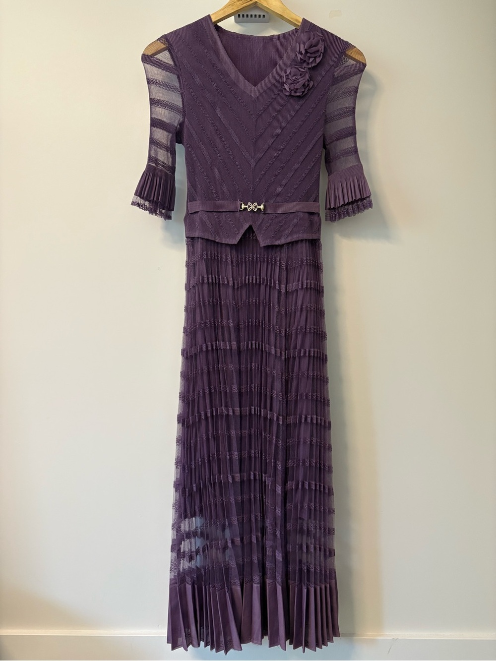 Elegant Purple Pleated Maxi Dress with Floral Accent